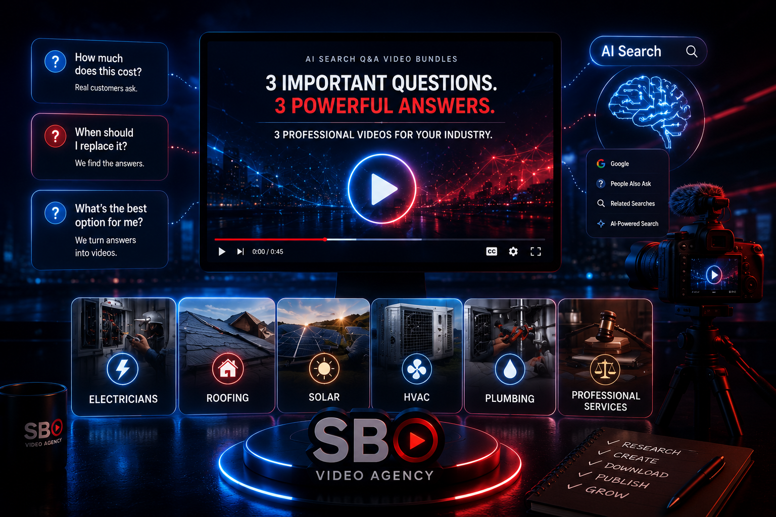 SBO Video Agency AI Search Q&A video bundles showing three important questions, three powerful answers, and professional videos for electricians, roofing, solar, HVAC, plumbing, and professional services.