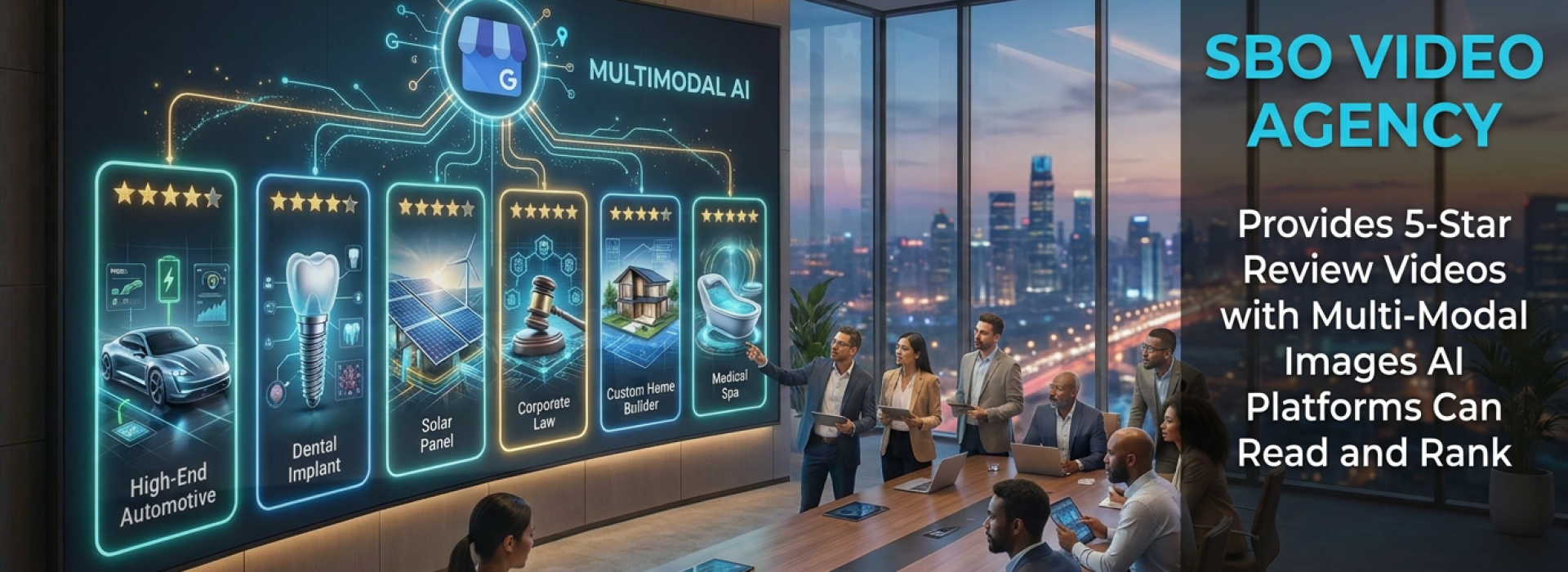 SBO Video Agency corporate briefing room showing a giant presentation screen with multimodal AI integration nodes for high-ticket industries, featuring text overlay stating 'SBO Video Agency Provides 5-Star Review Videos with Multi-Modal Images AI Platforms Can Read and Rank'.